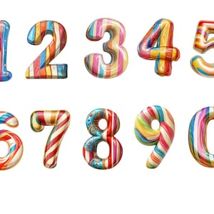 Numéros de bonbons colorés - téléchargement immédiat de cliparts doux rayés de 0 à 9 pour un usage commercial, haute résolution, 12 x 12, usage commercial
