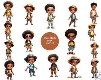 49 Cute Little Black Boys Clipart, summer vibes, PNG individual images on transparent background, sublimation, commercial use