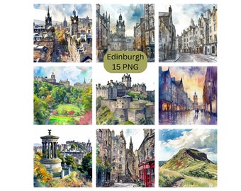 Watercolor Edinburgh Clipart, beautiful Scotland PNG individual images on transparent background, sublimation, commercial use