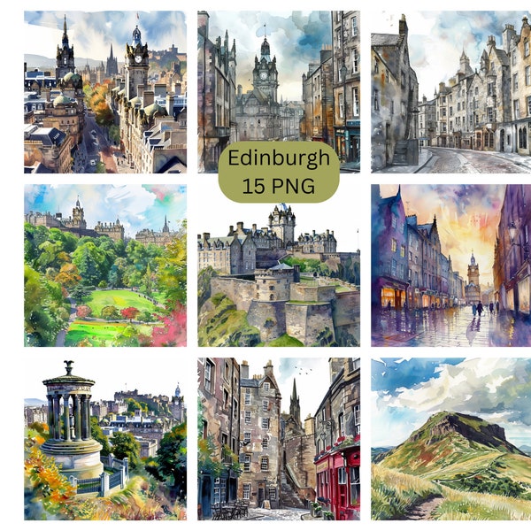 Watercolor Edinburgh Clipart, beautiful Scotland PNG individual images on transparent background, sublimation, commercial use