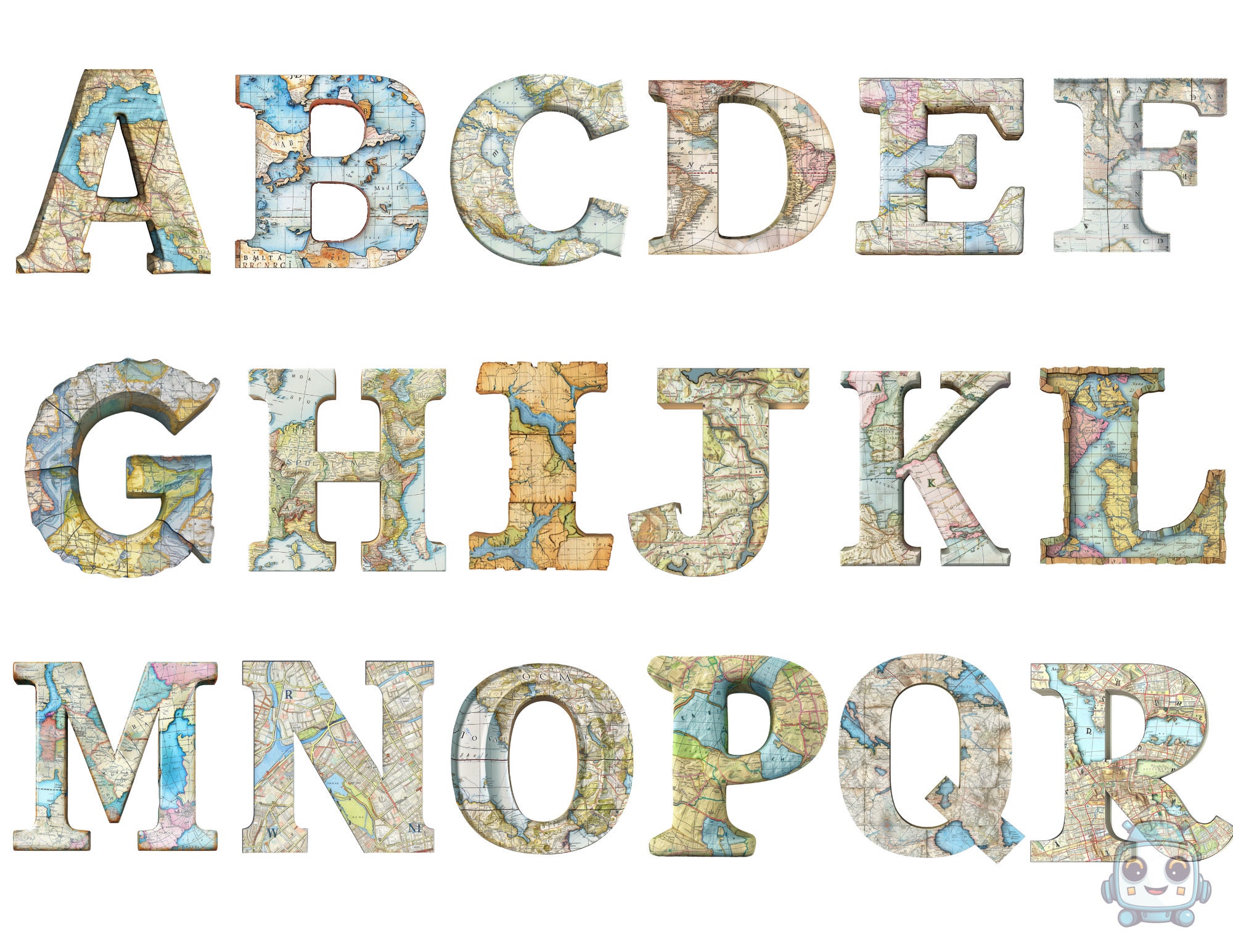 Watercolor Maps Alphabet Clipart, Maps Letters PNG Digital Files on ...