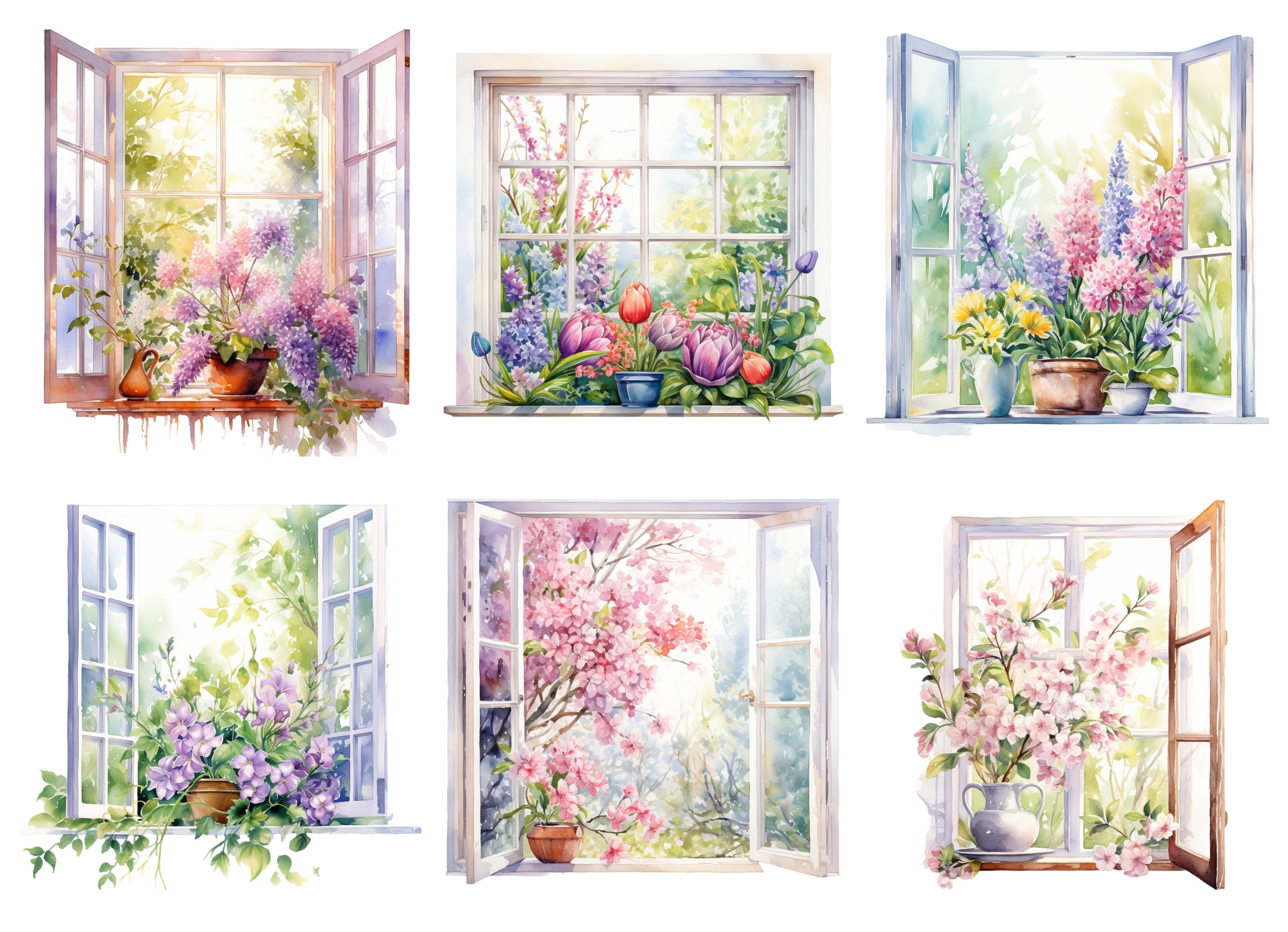 Watercolor Window Spring Background Watercolor Spring Windows Clipart, PNG Digital Files on Transparent ...