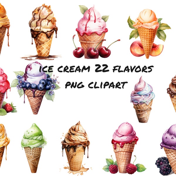 Watercolor Ice Cream in Cone Clipart, PNG digital files on a transparent background, scrapbook, invitations, commercial use