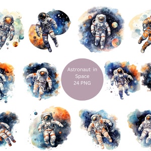 24 astronautes dans l'espace Clipart aquarelle, clipart de l'espace, images individuelles PNG sur fond transparent, sublimation