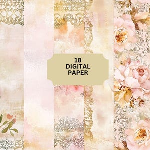 Vintage Lace Floral Digital Paper, Pink Rose Backgrounds, Gold Foil Romantic Scrapbook Paper, Shabby Chic Printable
