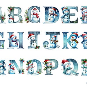 Happy Snowman Alphabet Clipart, Winter Alphabet Clipart, PNG individual images on transparent background, sublimation