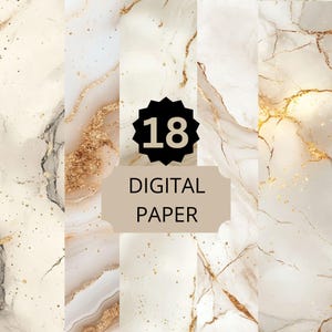 May include: Set of 18 digital papers featuring a marble pattern with gold accents. The papers are ideal for creating backgrounds, invitations, and other digital projects.