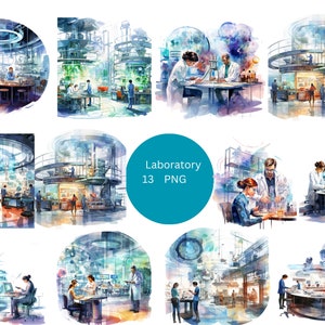 13 Laboratories Watercolor Clipart, Science Clipart, PNG individual images on transparent background, sublimation