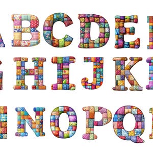 Quilt Patchwork Alphabet Cliparts - bunte Stoff Muster Buchstaben PNG einzelne Bilder auf transparentem Hintergrund, Sublimation