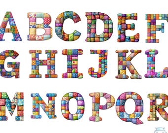 Quilt Patchwork Alphabet Clipart - Colorful Fabric Pattern Letters PNG individual images on transparent background, sublimation