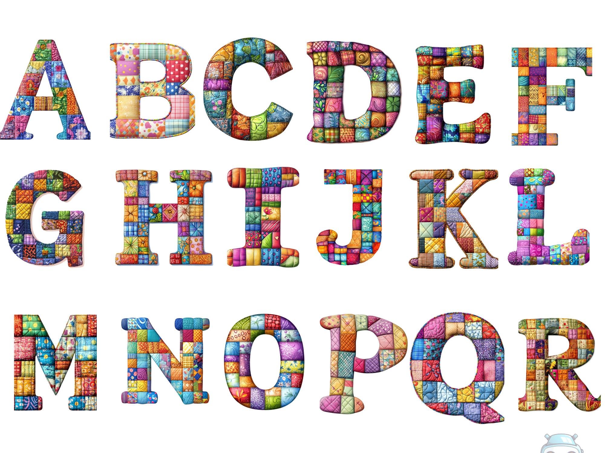 Quilt Patchwork Alphabet Clipart - Colorful Fabric Pattern Letters PNG ...