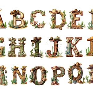 Western Cowboy Alphabet Clipart - Rustic Cactus and Hat Letters PNG individual images on transparent background, sublimation, commercial use