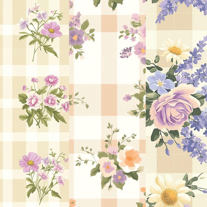 Cottagecore Gingham Floral Digital Paper Pack - Vintage Pastel Flowers ...