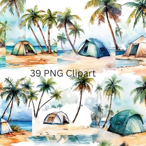 39 Tents on Island aquarel clipart, individuele png-afbeeldingen op transparante achtergrond, sublimatie, commercieel gebruik