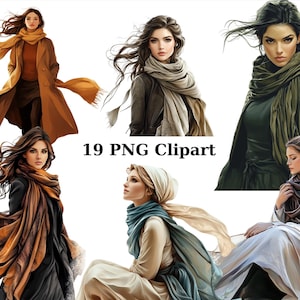 Clipart elegante vrouwen met sjaals: 19 png-, herfst- en wintermode-illustraties, afzonderlijke png-afbeeldingen op transparante achtergrond