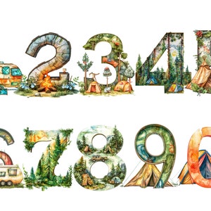 Camping nummers clipart, individuele PNG-afbeeldingen op transparante achtergrond, sublimatie, commercieel gebruik