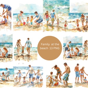 13 Família na praia Aquarela Clipart, Família Clipart, imagens individuais PNG em fundo transparente, sublimação