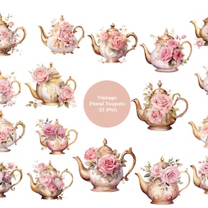 Aquarel 35 Vintage Floral Teapot Clipart, roze bloemen, individuele PNG-afbeeldingen op transparante achtergrond, sublimatie, commercieel gebruik