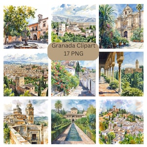 Aquarelle Granada Clipart, fichiers numériques PNG sur fond transparent, sublimation, utilisation commerciale