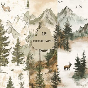 Pacchetto di carta digitale "Rustic Mountain" - 18 sfondi di foreste e animali selvatici con alberi, cervi e cime per lavoretti e diari