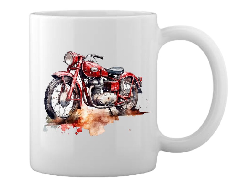 May include: White ceramic mug with a watercolor illustration of a red vintage motorcycle. The motorcycle has a brown leather seat and is surrounded by brown and orange watercolor splatters.