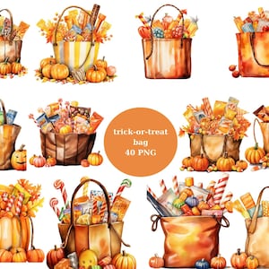 40 Trick-or-Treat Bags Watercolor Clipart, Halloween Clipart, PNG individual images on transparent background, sublimation
