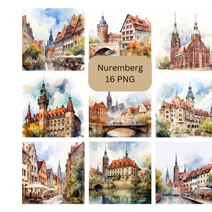 Acuarela Nuremberg Clipart, archivos digitales PNG sobre fondo transparente, álbum de recortes, invitaciones, uso comercial