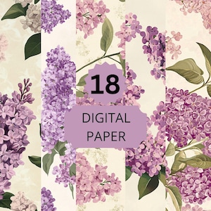 Lilac Digital Paper, Purple Floral Backgrounds, Vintage Lilac Scrapbook Paper, Digital Spring Flower , Instant Download