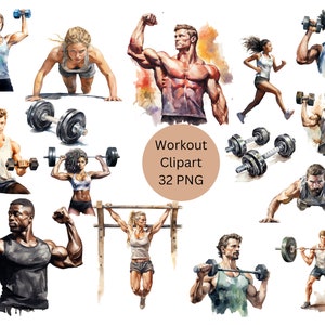 Workout Watercolor Clipart, Exercises Clipart, Fitness PNG, Gym Bundle, PNG digital files on a transparent background
