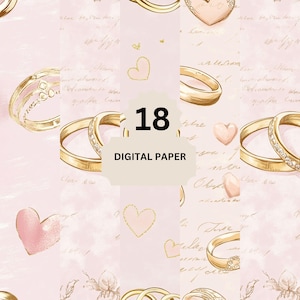 Papel digital de boda romántica: 18 fondos de anillos rosas y dorados con corazones y texto para invitaciones, tarjetas y manualidades.