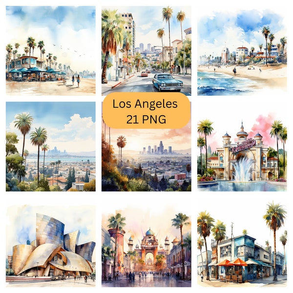 Watercolor Los Angeles Clipart, PNG files on a transparent background, junk journal, scrapbook, invitations, commercial use