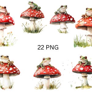 Ensemble de cliparts Grenouille sur champignon - 22 illustrations de forêt aquarelle - Nature fantaisiste, images individuelles PNG sur fond transparent