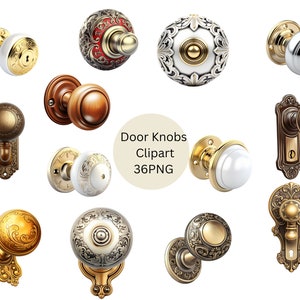 Puede incluir: Una colección de 12 pomos de puerta ornamentados en varios estilos y acabados, incluyendo latón, plata y madera. Los pomos presentan diseños y detalles intrincados, como patrones florales, formas geométricas y acentos decorativos. La imagen incluye el texto "Door Knobs Clipart 36PNG".