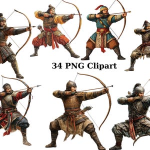 34 モンゴル弓兵クリップアート、歴史クリップアート、透明な背景の PNG 個別画像、昇華