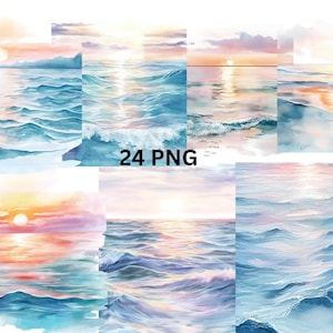 Carta digitale tramonto sull'oceano ad acquerello - 24 sfondi PNG con onde marine, arte da spiaggia stampabile, download immediato sfondo trasparente