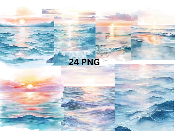 Watercolor Ocean Sunset Digital Paper - 24 PNG Sea Wave Backgrounds, Printable Beach Art, Instant Download transparent background