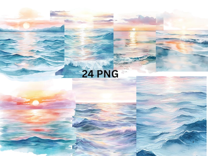 K&ouml;nnte beinhalten: Eine digitale Collage aus 24 Aquarellbildern, die eine Meereslandschaft mit einem Sonnenuntergang &uuml;ber dem Meer darstellen. Das Wasser ist hellblau mit Schaumkronen und der Himmel ist zartrosa und orange.