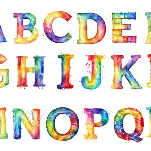 Alfabeto de arcoíris en acuarela, imágenes prediseñadas: conjunto de letras coloridas, imágenes PNG individuales sobre fondo transparente, sublimación, uso comercial