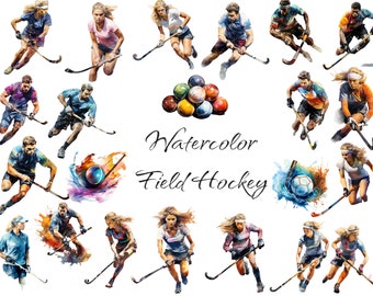 Watercolor Field Hockey Clipart, PNG digital files on transparent background, scrapbook, invitations, commercial use, instant download