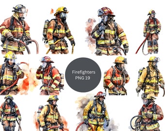 19 Firefighters Watercolor Clipart, Fireman Clipart, PNG individual images on transparent background, sublimation