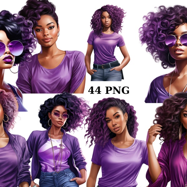 44 Black Women in Purple Clipart, Purple Fashion, Women of Color, Fashion Clipart, PNG individual images on transparent background