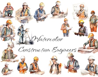 Acquerello Construction Engineers Clipart, file digitali PNG su uno sfondo trasparente, scrapbook, uso commerciale, download istantaneo.