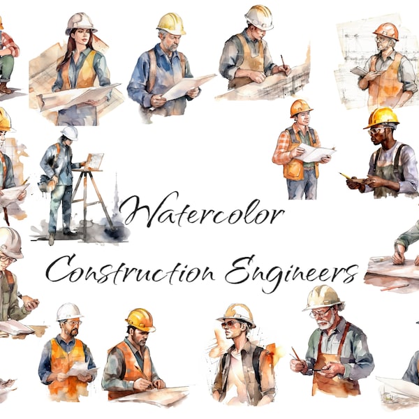 Watercolor Construction Engineers Clipart, PNG digital files on a transparent background, scrapbook, commercial use, instant download.