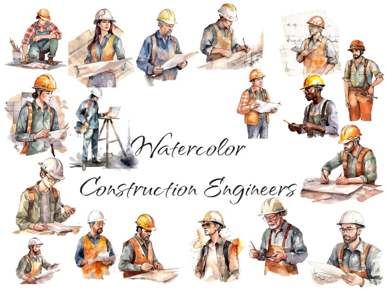 Akvarell byggnadsingenjörer Clipart, PNG digitala filer på en transparent bakgrund, scrapbooking, kommersiellt bruk, omedelbar nedladdning. bild 1