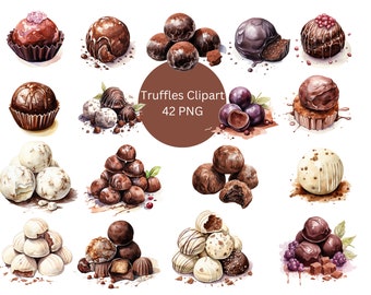 Puede incluir: Una colección de 42 ilustraciones de acuarela de trufas de chocolate. Las trufas se representan en varias formas, tamaños y colores, incluyendo chocolate negro, chocolate con leche, chocolate blanco y trufas con diferentes coberturas. Las ilustraciones son perfectas para usar en proyectos digitales o impresos, como tarjetas de felicitación, invitaciones, empaques y gráficos de redes sociales.
