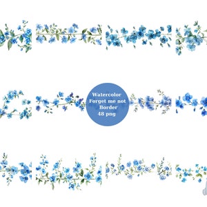 Aquarelle 45 Forget me not border Clipart, images individuelles PNG sur fond transparent, sublimation, usage commercial