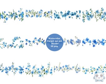 Watercolor 45 Forget me not Border Clipart, PNG individual images on transparent background, sublimation, commercial use