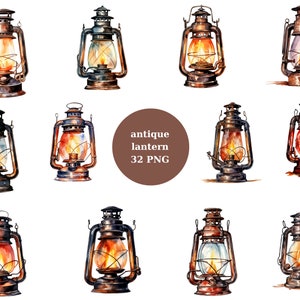 32 Antike Laternen Aquarell Clipart, Einzelteile Clipart, PNG einzelne Bilder auf transparentem Hintergrund, Sublimation