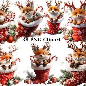 38 renards de Noël en bas Clipart aquarelle, clipart Noël, images individuelles PNG sur fond transparent, sublimation