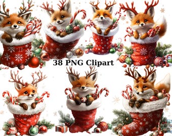 38 Christmas Foxes in Stockings Watercolor Clipart, Christmas Clipart, PNG individual images on transparent background, sublimation